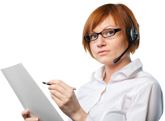 Canvas Print - Woman working in Call Center with white paper