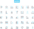 © Nina - Kids linear icons set. Innocence, Playful, Adventure, Imagination, Curiosity, Joy, Laughter line vector and concept signs. Energy,Exploration,Creativity outline illustrations