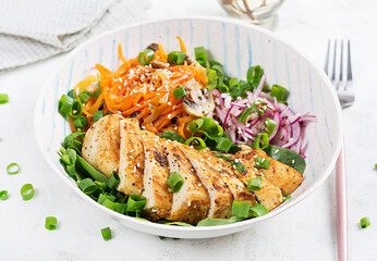 Wall Mural - Grilled chicken fillet and carrot pasta. Healthy lunch menu. Keto food.