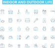 © Nina - Indoor and outdoor life linear icons set. ndoor:, Cozy, Warm, Comfortable, Sheltered, Homey, Serene line vector and concept signs. Relaxing,Inviting,Entertaining outline illustrations