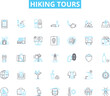 © Nina - Hiking tours linear icons set. Trekking, Exploration, Adventure, Scenery, Nature, Backpacking, Wanderlust line vector and concept signs. Outdoors,Challenge,Gratitude outline illustrations