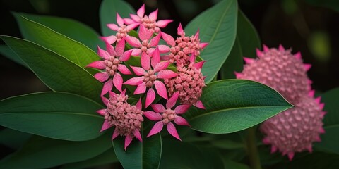Wall Mural - Flowering of the pink Pentas lanceolata. green leaves on egyptian star cluster flowers Generative AI