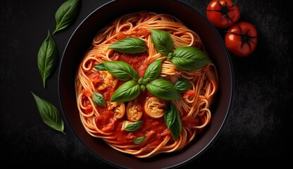 Wall Mural - Spaghetti with tomato sauce in a dark dish of pasta. Perspective from up high. Generative AI