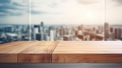 Aufkleber - Wood table top on blur glass window wall building background. Generative ai