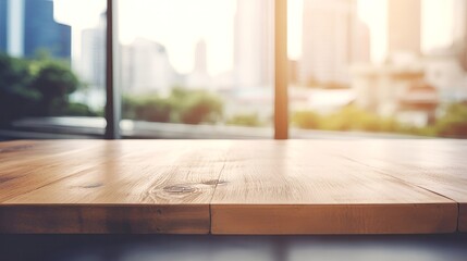 Aufkleber - Wood table top on blur glass window wall building background. Generative ai