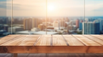 Aufkleber - Wood table top on blur glass window wall building background. Generative ai