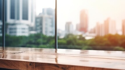 Aufkleber - Wood table top on blur glass window wall building background. Generative ai
