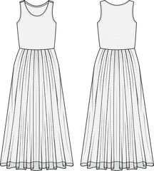 Women's Sheer-Mesh Maxi Dress- Technical fashion illustration. Front and back, white color. Women's CAD mock-up.