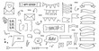 © Nonna - Set of doodle illustration Flags, ribbons, speech bubbles, arrows… Black outline design elements Line hand drawn vector illustration isolated on white background.