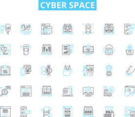  Cyber space linear icons set. Digital, Virtual, Online, Internet, Technology, Connectivity, Cybersecurity line vector and concept signs. Surveillance,Privacy,Encryption outline illustrations