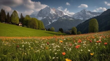 Generate A Description Of A Mountain In The Alps In Spring With Blooming Meadows In 200 Words. Leave Only Nouns And Adjectives. Separate The Words With Commas." Generative AI