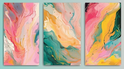 Set of three colorful abstract paintings on a wall. Generative AI