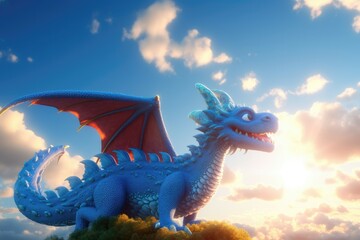 Canvas Print - 3D cartoon magnificent dragon soaring through the clouds in a bright blue sky with the sun shining down. Generative AI