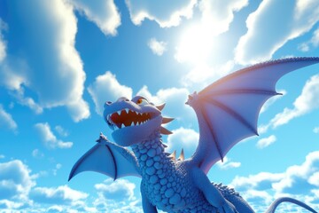 Canvas Print - 3D cartoon magnificent dragon soaring through the clouds in a bright blue sky with the sun shining down. Generative AI