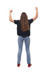 © curto - back view of a  happy young girl with arms raised on white background