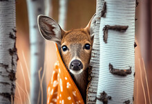 Young Fawn Hiding In Deer Camouflage Behind A Tree Trunk During Fall Hunting Season, Generative AI