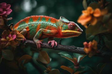 Colorful chameleon clinging to the branch of a tree in a vibrant tropical rainforest with exotic flowers blooming all around. Generative AI