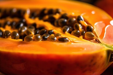 generative ai, macro fresh half of papaya fruit background. tropical exotic closeup photo with drops