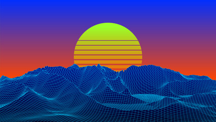 Futuristic 3d retro landscape with night sky, sunset on horizon. Digital style background of the 1980s. Blue neon mountains. Big data visualization. Vector illustration.