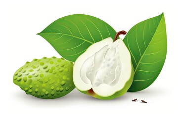 Sticker - fresh green fruit with leaves and seeds on a clean white background. Generative AI