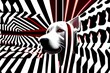 White dog illustration with black stripes, red spotted, op art style, summary op art optical illusion - generative ai