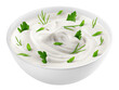 sour cream with onion, parsley, dill, herbs in bowl, isolated on white background, full depth of field