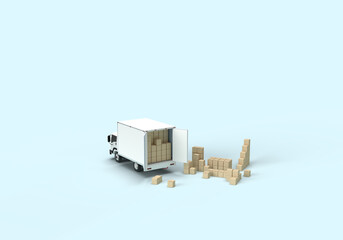 A car truck transports cardboard boxes. 3d render on the topic of freight transportation, relocation, delivery, courier. Minimal style, blue background.