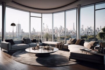 Wall Mural - Living room with a view. Luxurious living room in a penthouse with floor-to-ceiling windows offering a stunning view of the city skyline. Generative AI.