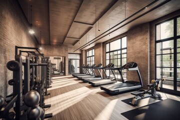 Fitness center: Show a fitness center with state-of-the-art equipment, a yoga studio, and a personal trainer on hand to provide guidance and support.. Generative AI