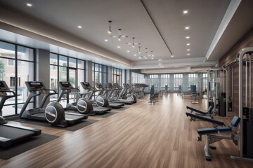 Fitness center: Show a fitness center with state-of-the-art equipment, a yoga studio, and a personal trainer on hand to provide guidance and support.. Generative AI