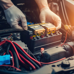 Technician Hands of car mechanic working repair in auto repair Service electric battery and Maintenance of car battery. Check the electrical system inside the car