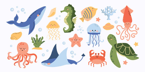 vector set of marine life. fish and wild marine animals isolated on white background. sea life. cute