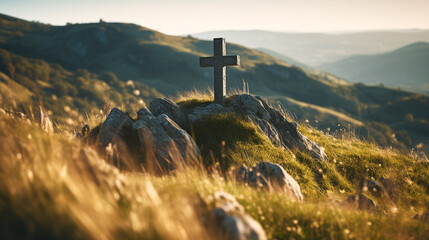 Wall Mural - Christian catholic cross on the hills. Generative AI