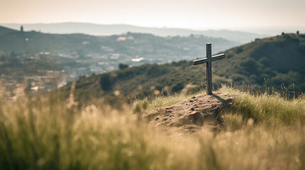 Wall Mural - Christian catholic cross on the hills. Generative AI