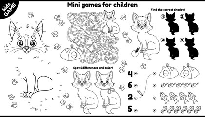 Vector cat placement for children. Set of outline kids games with cartoon cute kitten. Play and coloring. Printable activity mat with maze, connect the dots and color, find differences and other.