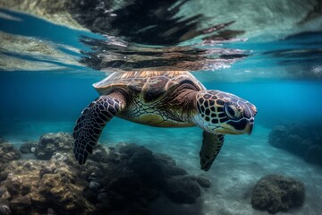 Underwater swimming sea turtle igital illustration in a photographic style, marine nature photography, made in part with generative ai.
