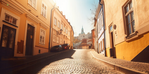 Wall Mural - A car is parked on a cobblestone street. AI generative image