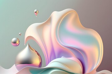 Pastel smooth holographic silky shape with golden drop. Generative AI