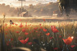 Natural landscape with blooming field of poppies at sunset. AI generative