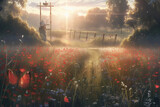 Fototapeta Big Ben - Natural landscape with blooming field of poppies at sunset. AI generative