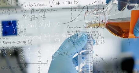 Wall Mural - Animation of mathematical equations on mid section of scientist performing experiment at laboratory