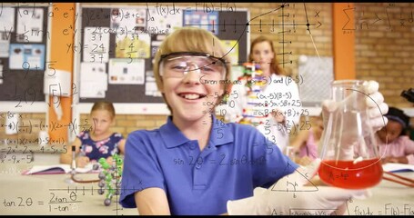 Poster - Animation of mathematical equations over caucasian boy performing experiment in laboratory at school