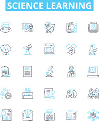 Science learning vector line icons set. Science, Biology, Chemistry, Physics, Astronomy, Earth science, Geology illustration outline concept symbols and signs