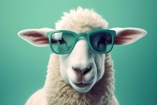 Funny Cute Sheep In Sunglasses With Happy Emotion. AI Generated, Human Enhanced