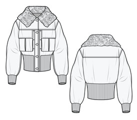 Cropped sweatshirts with front button closure, inverted pleat pocket, hem and sleeve ribbed, flat drawing illustration
