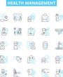 © Nina - Health management vector line icons set. Wellness, Care, Prevention, Rehabilitation, Therapy, Nutrition, Exercise illustration outline concept symbols and signs