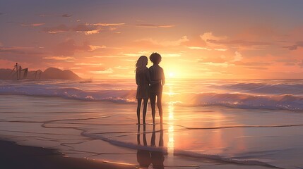 couple in love on sunset beach, digital art illustration, Generative AI