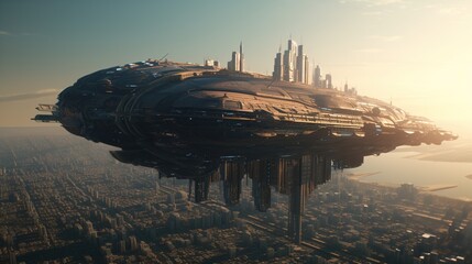Wall Mural - colossal spaceship hovers in the city sky, digital art illustration, generative ai
