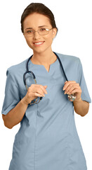 Canvas Print - Female healthcare worker in scrubs with a stethoscope