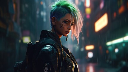 cyberpunk girl with neon green hair, digital art illustration, Generative AI